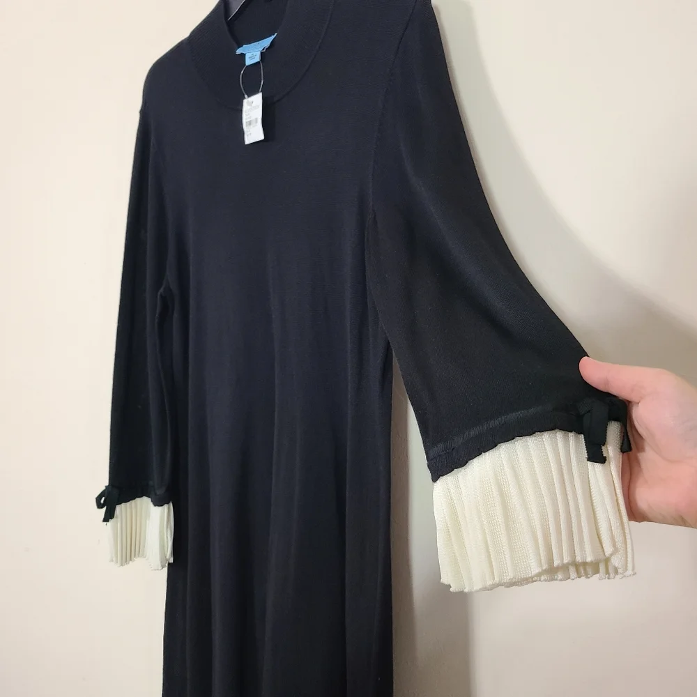 CeCe Womens XL Black Sweater Dress White Pleated Cuffs‎ Mockneck Preppy Casual